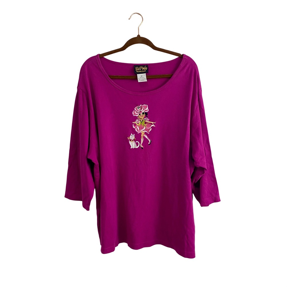 VTG Bob Mackie Wearable Art Vintage 3X Magenta Cotton Embroidered Cat Rose Top